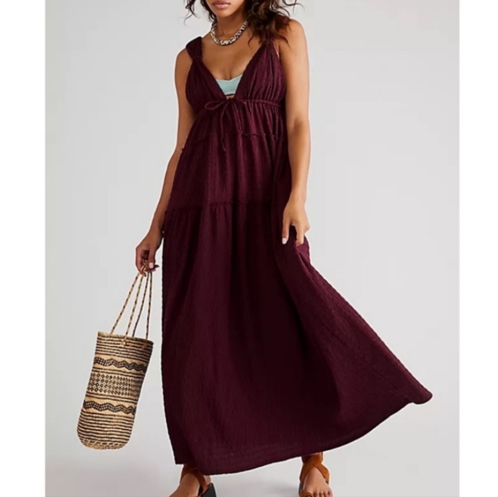 Free People Beach Wine Burgundy Martina Maxi Dress NWOT